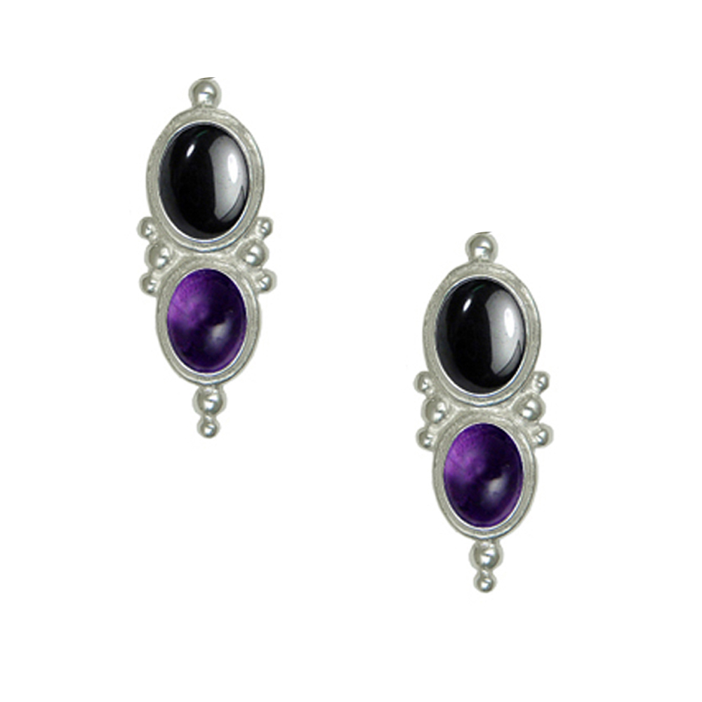Sterling Silver Drop Dangle Earrings With Hematite And Amethyst
